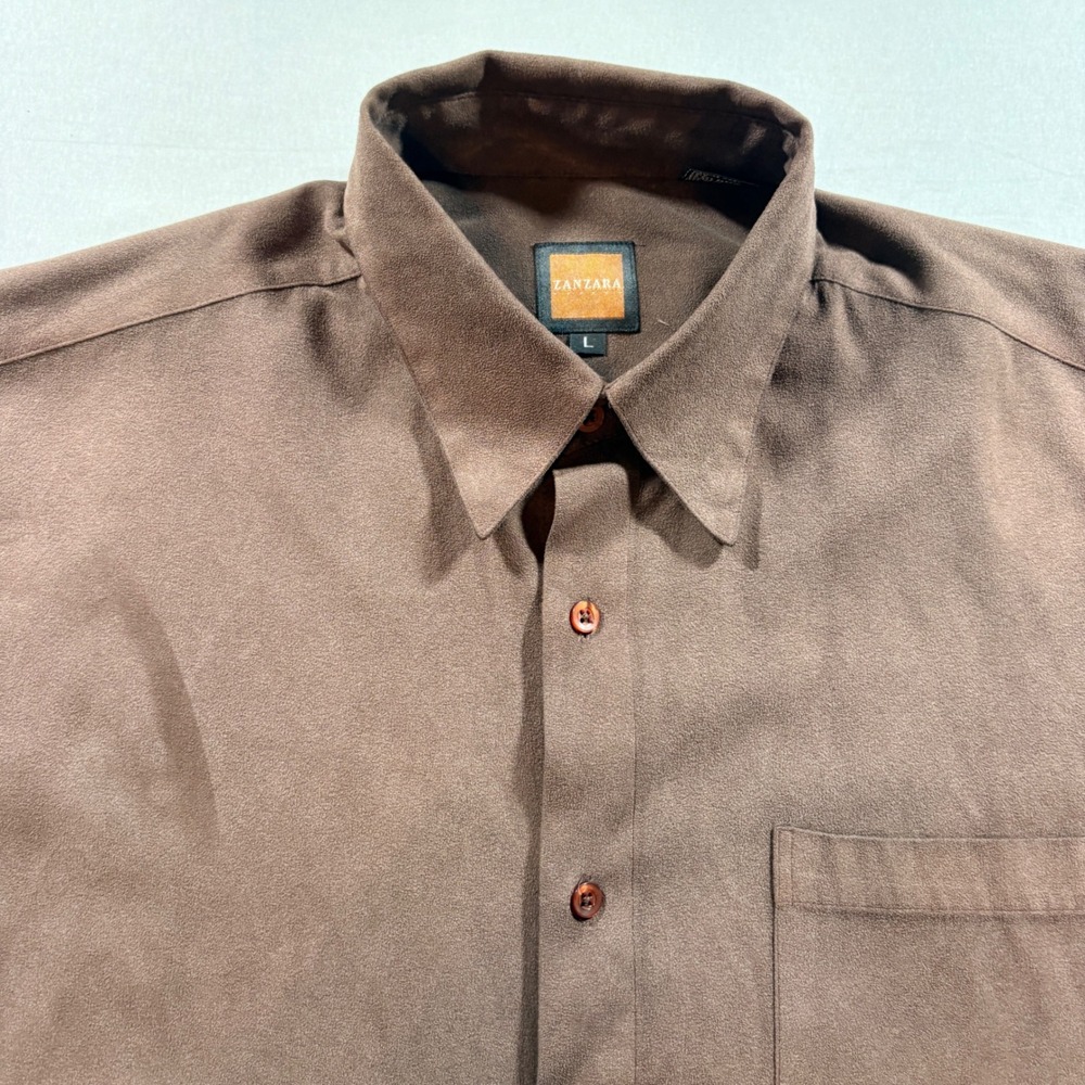 Zanzara Faux Suede Button Down Shirt Mens Large Brown Long Sleeve Casual Top